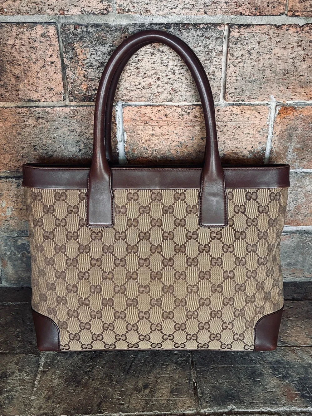 🤎 Gucci GG Logo Canvas Leather Tote Bag Brown Beige